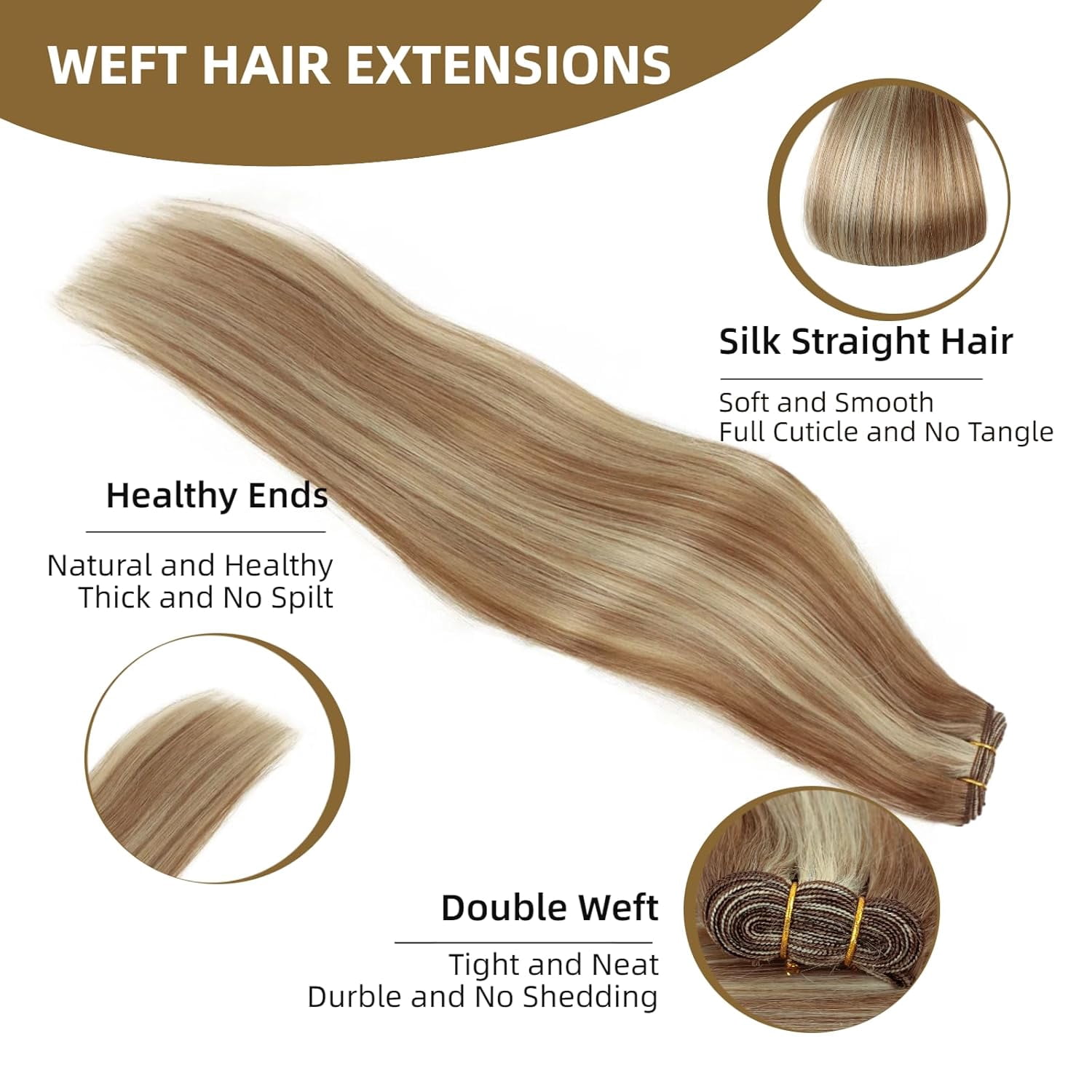 Sew in Hair Extensions Real Human Hair, 110g 20 inch Highlighted Color Ash Brown Mix with Platinum Blonde Hair Extensions Double Weft Remy Straight Weave Bundles Human Hair