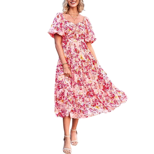 Lucakuins - Vestido largo para mujer, vestido de playa informal de verano, vestido largo de manga corta con estampado floral, vestido bohemio fruncido Lucakuins moda