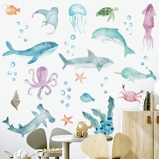 Adhesivos de pared con diseño de animales marinos, acuarela, vida marina