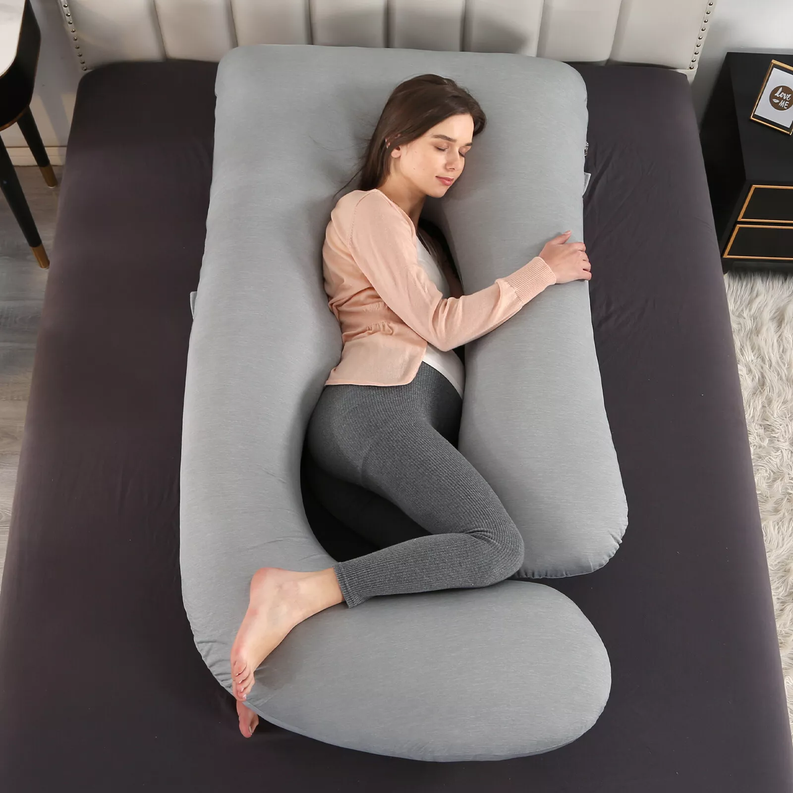 Topchances Pregnancy Pillow with Cooling Fabric Pillowcase, Extra Large Maternity Belly Contoured J-Shape Body Pillow, 57x27.5 inch, Grey