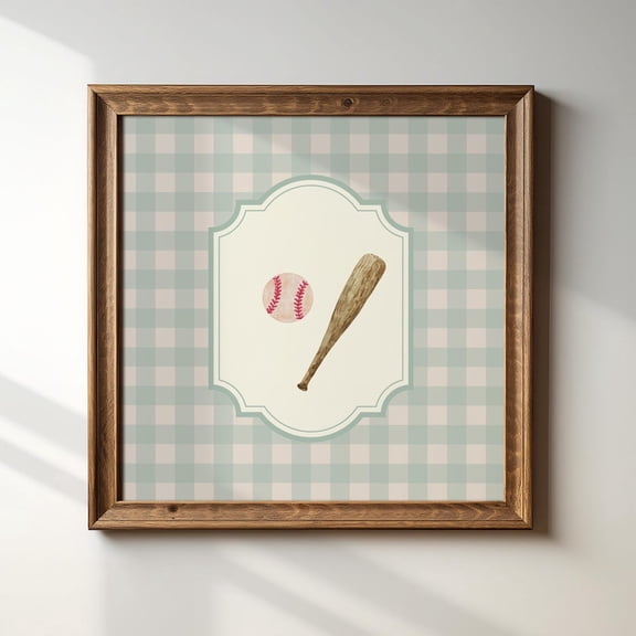 Baseball, Boys Room, Square Blue Gingham Illustration Print, Art Print, Trendy Decor, Vintage Nursery Wall Art, Modern Wall Decor, 16x16 UNFRAMED
