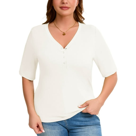 SHOWMALL Women's Plus Shirts Henley Elbow Sleeve Top Casual Ribbed Curved Tops White 3X Layered Knit Fitted Effortless Style Top