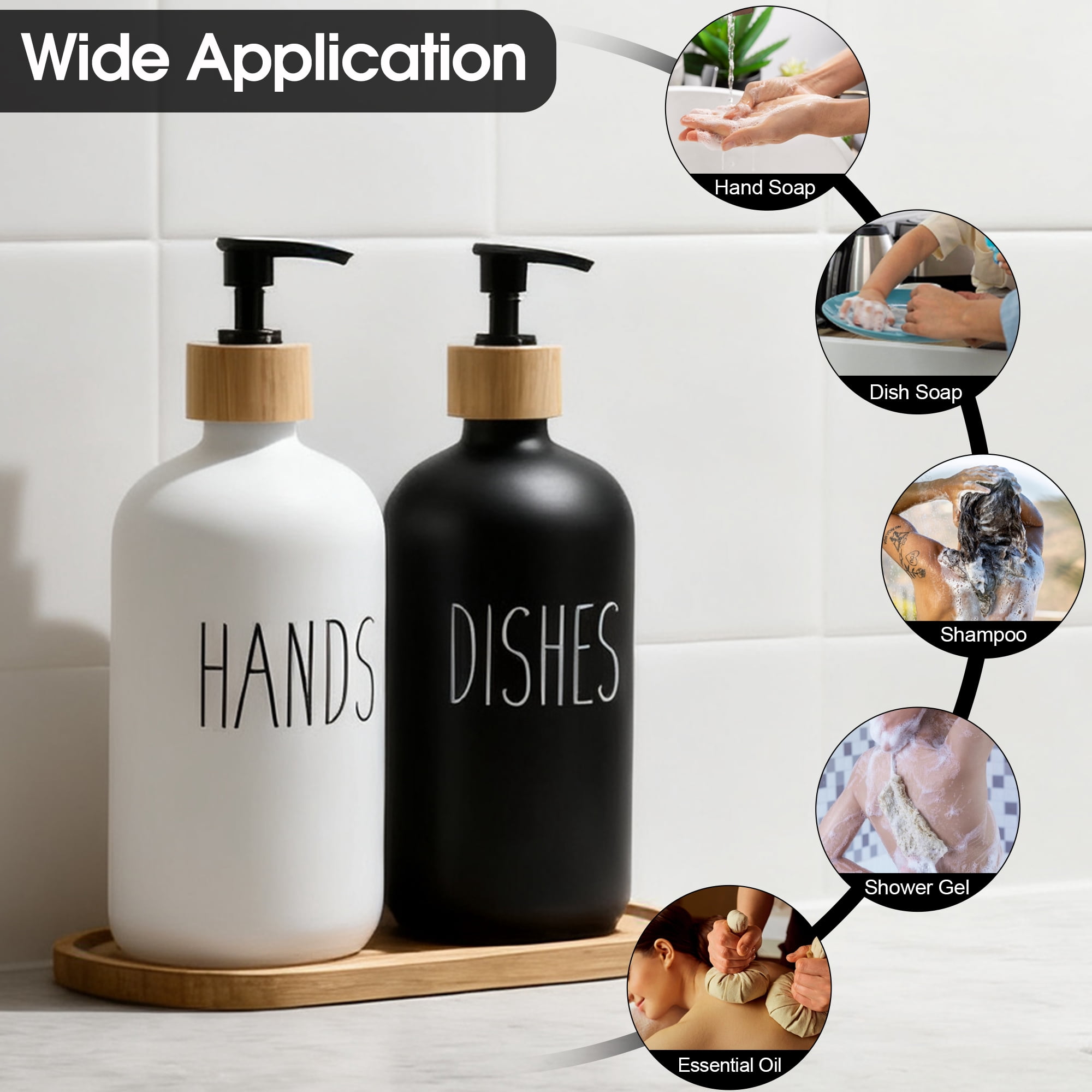 2 Pack Glass Soap Dispenser Set, Hand & Dish Soap Dispenser with Bamboo Tray & Pump, 16oz Soap & Lotion Dispenser Set for Bathroom Kitchen