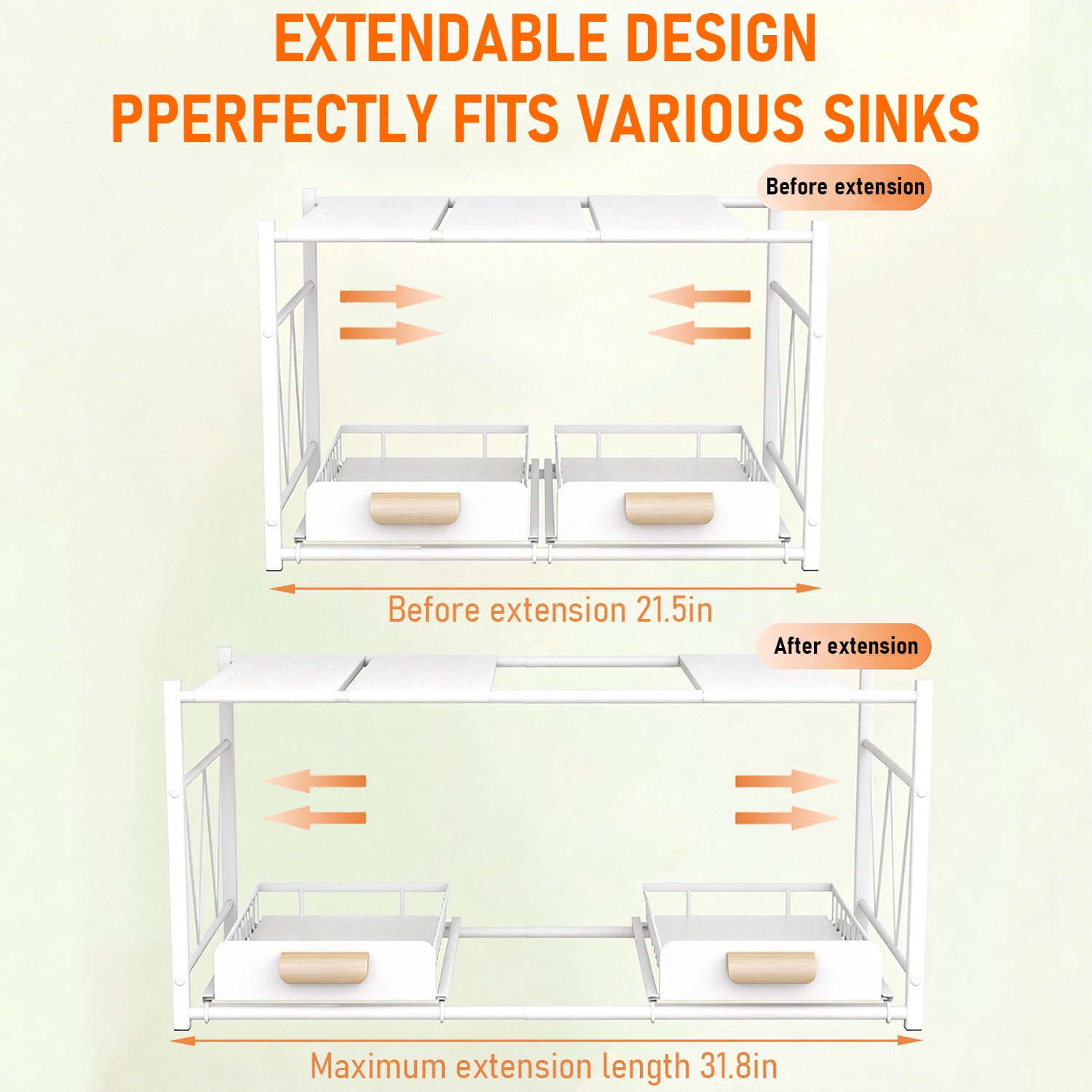 2 Tier Under Sink Organizer and Storage, Expandable Length 21.5"-31.8", Height Adjustable, 2 Sliding Drawers & Movable Top Shelves, for Bathroom & Kitchen, White