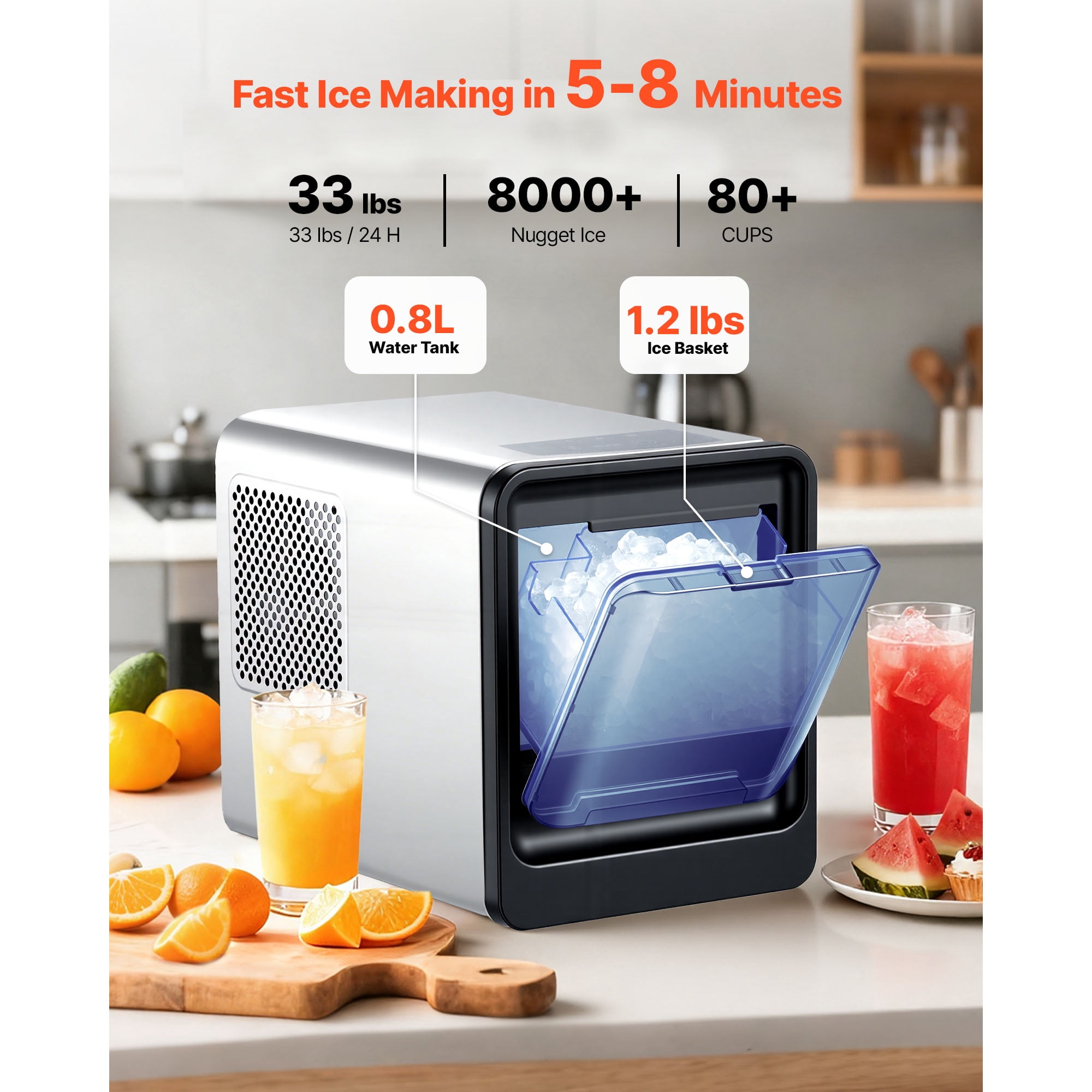 KFFKFF Countertop Ice Maker, 33 lbs Daily Capacity, Self-Cleaning Portable Machine with Scoop, Drawer-Style Access, Nugget Ice Maker for Home, Kitchen, Office, Bar, and Parties
