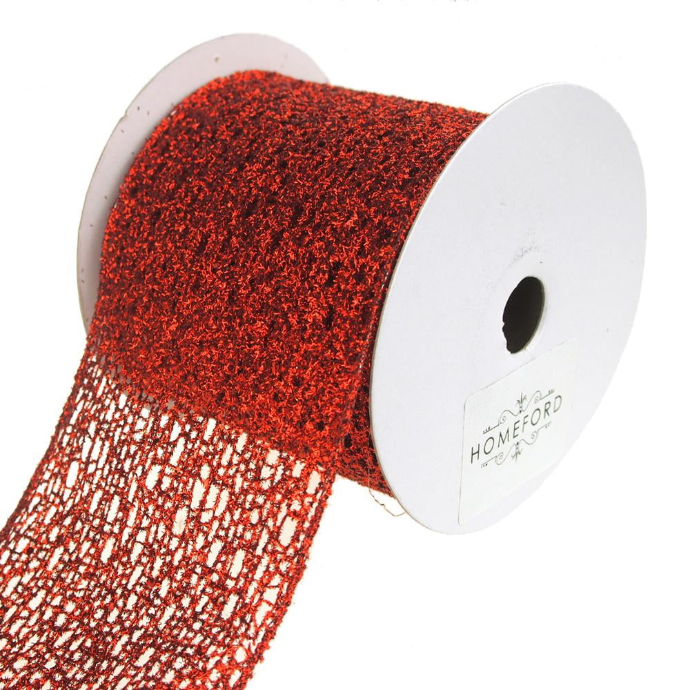 Open Weave Metallic Glitter Tinsel Mesh Christmas Ribbon, Red, 4Inch
