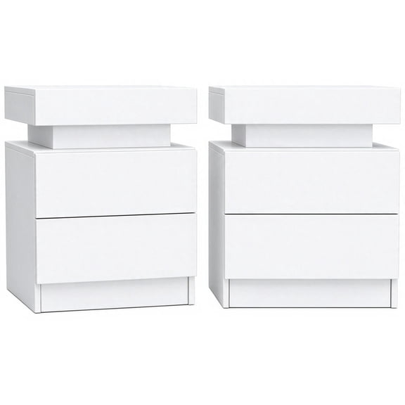 LED Nightstands Set of 2, Bedside Table Cabinet Lights Modern End Side with 2 Drawers for Bedroom (White)
