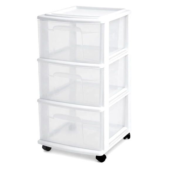 Homz Drawer Tower Rolling Storage Cart - 3 Tier Clear Plastic Drawers with Wheels - White