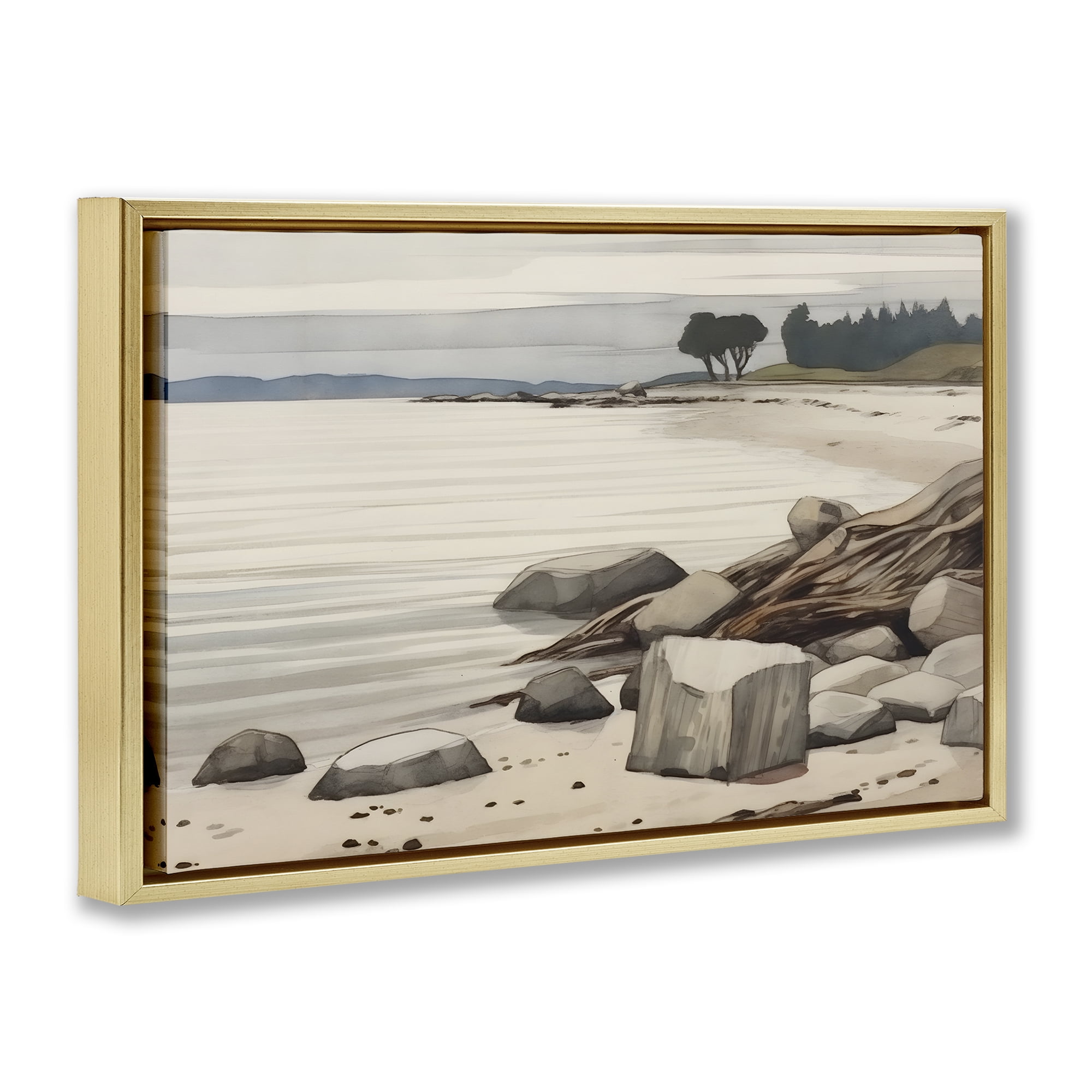 Stupell Industries Beach Rock View Landscape & Nature Painting Gold Floater Framed Canvas Art Print Wall Art, 31 x 21