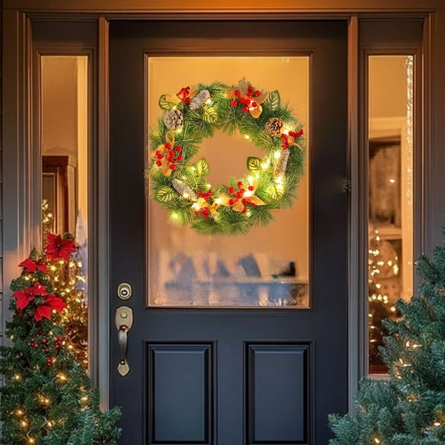Jienlioq Décorations de Noël Intérieur Extérieur Couronne de Fleurs Porte d'Entrée Noël Porte Cogneur Intérieur et Extérieur Cogneur de Porte d'Hiver avec Cônes de Pin Fruits Rouges Nœud Décorations de Noël