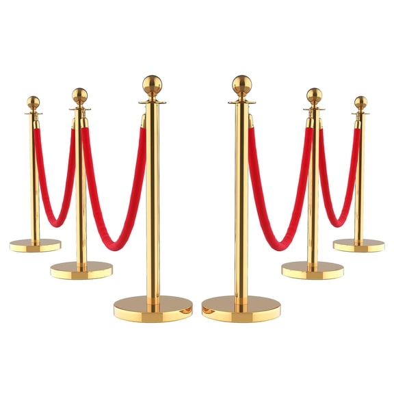 Stainless Steel Stanchions, 6-Post Crowd Control Barrier with Retractable Belt & Velvet Rope for Events