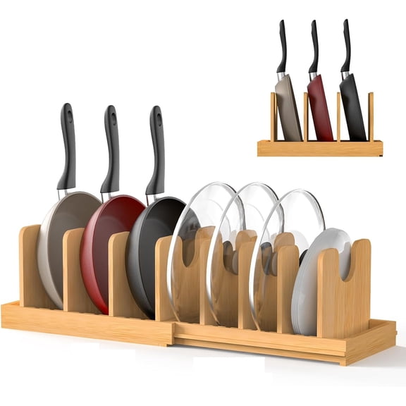 Expandable Pot Lid Organizer, Bamboo Pot and Pan Organizer for Under Cabinet, 16" to 28" Adjustable Length and 10 Dividers