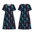 thumbnail image 3 of Bixox Robe d'Été à Manches Courtes pour Femmes Robe Ample Longueur Genou avec Poches-Bleu Hippocampe, 3 of 7
