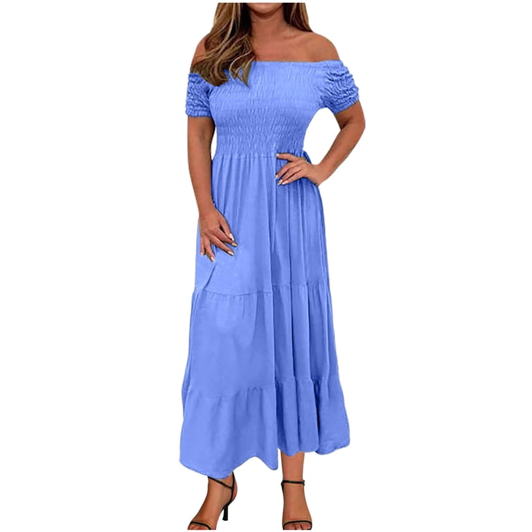 Qelini Summer Wedding Guest Dresses for Women Off-Shoulder Solid Color Flowy Swing Elegant Ruffle Tiered Maxi Dress Beach Fashion Lightweight and Blue