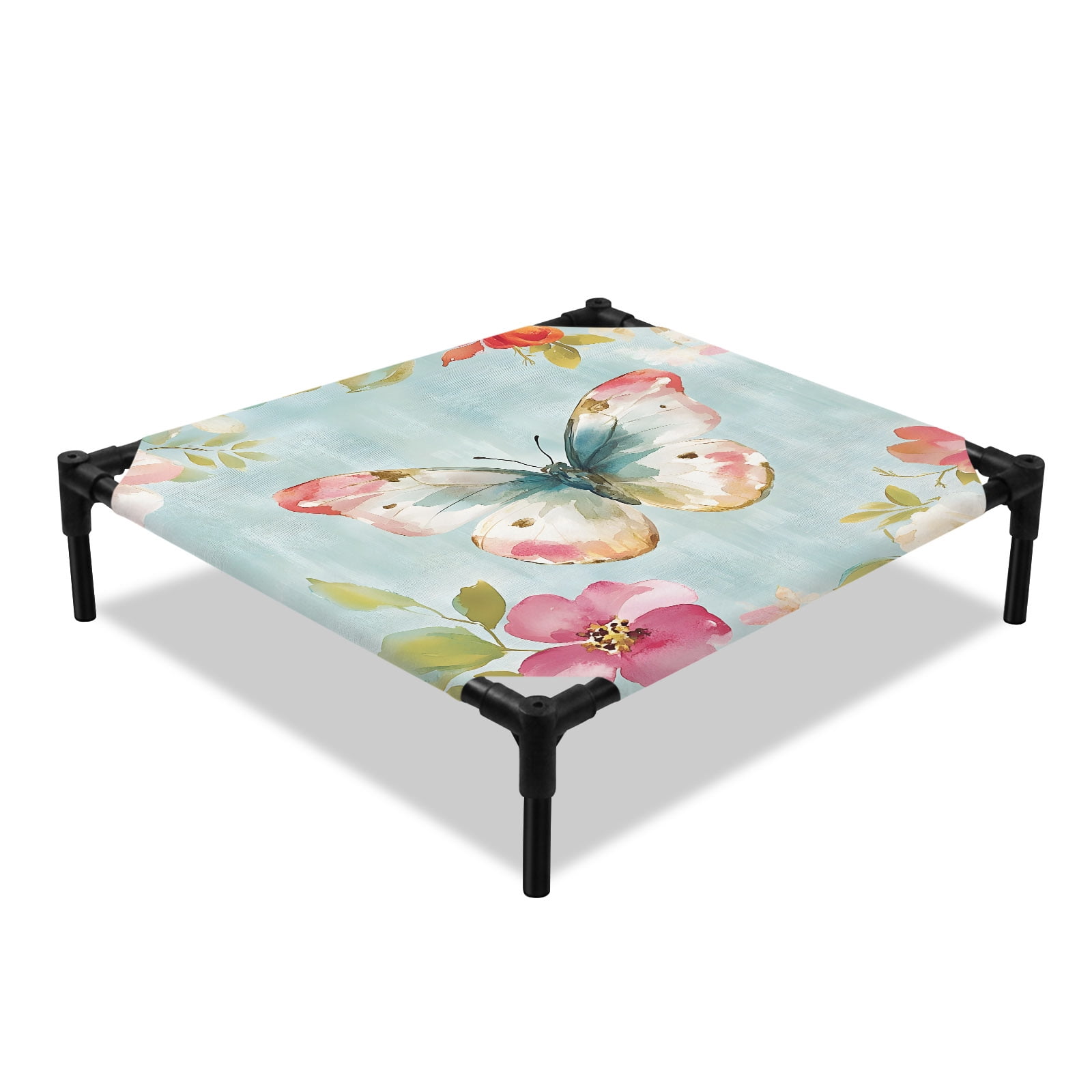 Retro Butterfly Elevated Dog Bed Watercolor Gradient Pink Flower Green Leave Blue Cooling Breathable Outdoor Raised Dog Cot Bed with Metal Frame Non-Slip Feet for Small Dog 20x20in