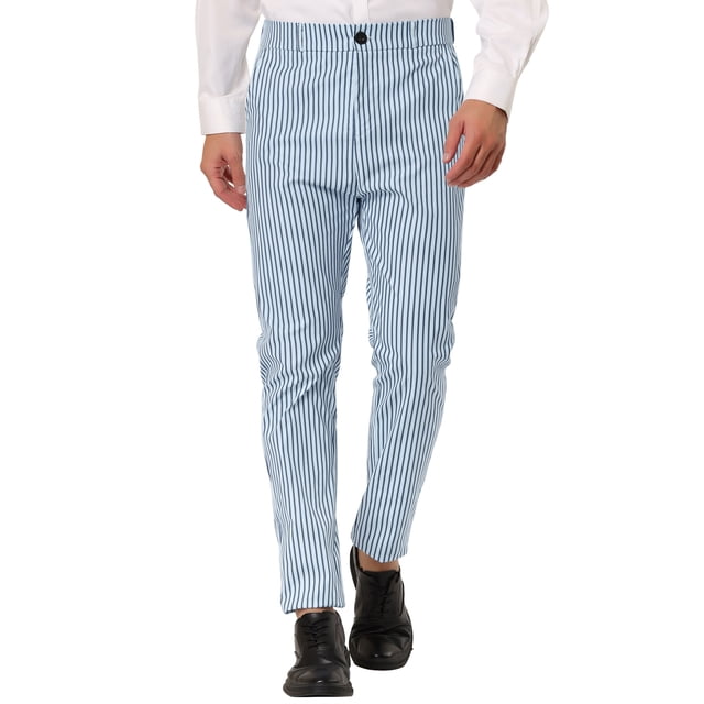 Pantalones de vestir a rayas para hombre, ajustados, con parte delantera plana, para baile de graduación Azul blanco 30 Unique Bargains Pantalones