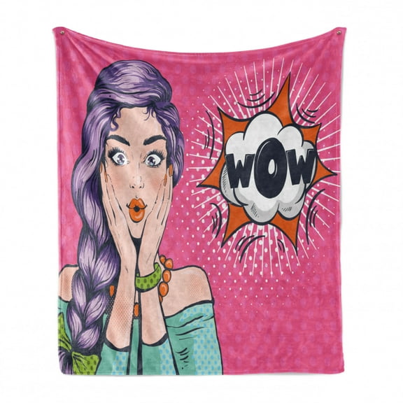 Pop Art Soft Flannel Fleece Blanket, Comics Style Surprised Woman Says Wow in Speech Bubble Female Expression, Cozy Plush for Indoor and Outdoor Use, 50" x 60", Pink and Multicolor, by Ambesonne