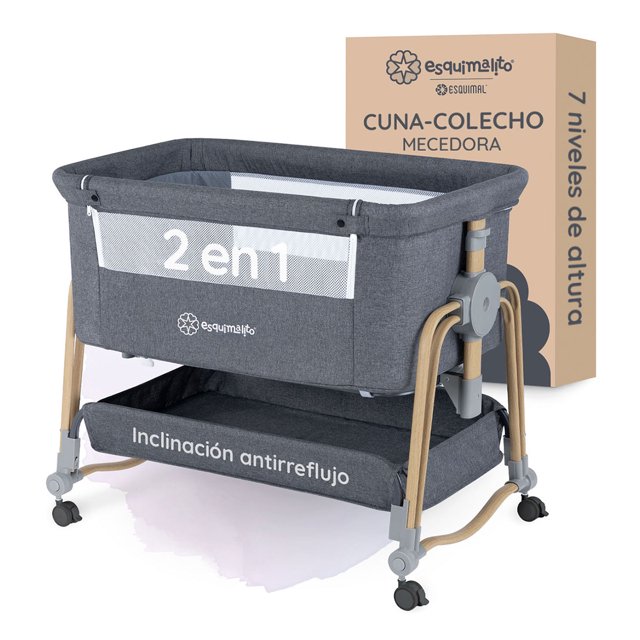Cuna Colecho 2 en 1 Esquimal para Bebé, 7 Niveles, Antirreflujo, Cesta de Almacenamiento, Hasta 6 Meses (Gris)