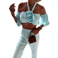thumbnail image 6 of Coduop Women Two Piece Outfit Set Off Shoulder Crop Tops and Wide Leg Long Pants Suts Matching Set, 6 of 9