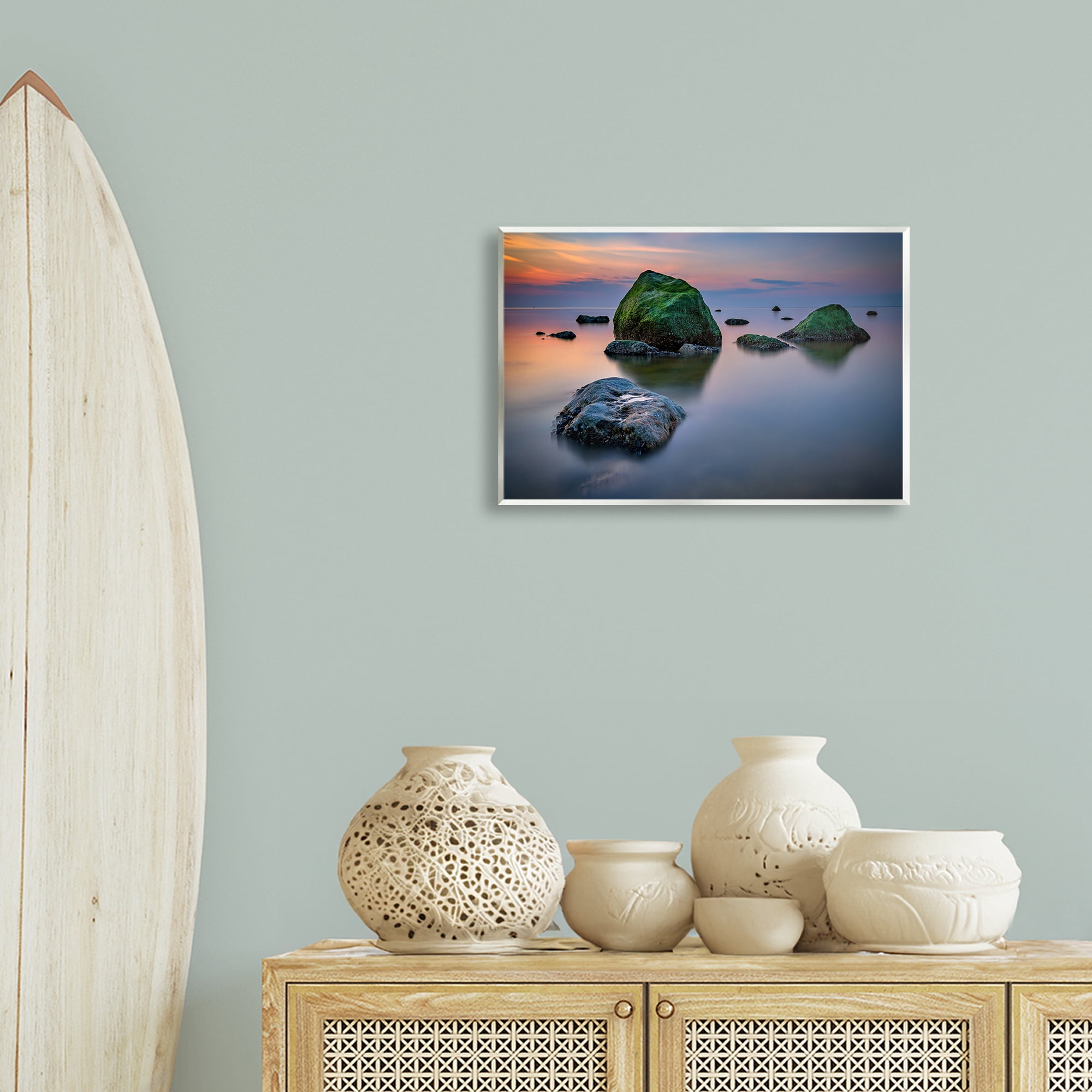 Stupell Industries Mossy Rocks Protruding Sea Landscape & Nature Photography Unframed Art Print Wall Art, 19 x 13