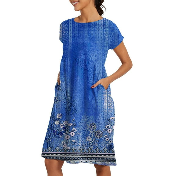 SNOWSONG Sundresses for Women 2024 Clearance! 2024 New Women's Round Neck Comfortable Cotton Short Sleeved Dress with Pocket, Boho Dresses, Casual Dresses, Maxi Dress for Women 1PC skirt Blue L
