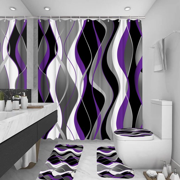 Set de baño BEIFIVCL morado con cortina de ducha, alfombras y acceso
