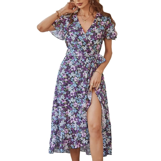 Vestido PRETTYGARDEN Maxi Floral con Volantes y Escote Cruzado Talla Grande