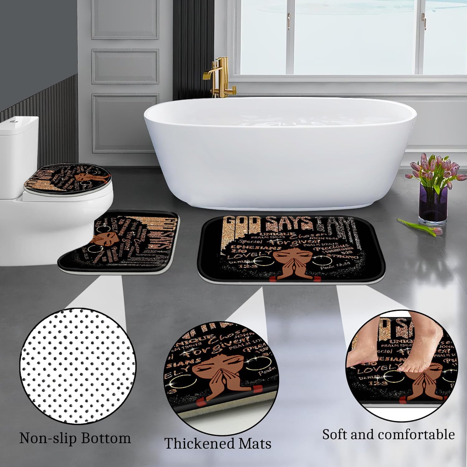 FRAMICS Black Girl with Glitter Quotes Pattern Polyester Shower Curtain and Rug Sets, 16 Pc Bathroom Sets with Non-Slip Mats, Waterproof Shower Curtain with 12 Hooks and Toilet Rugs
