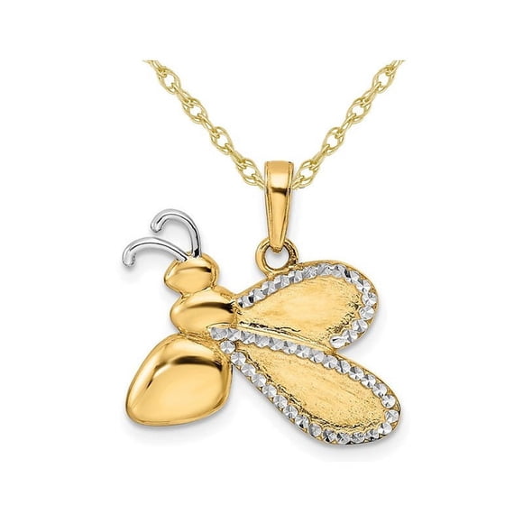 14K Yellow Gold Bee Charm DIamond-Cut Pendant Necklace and Chain