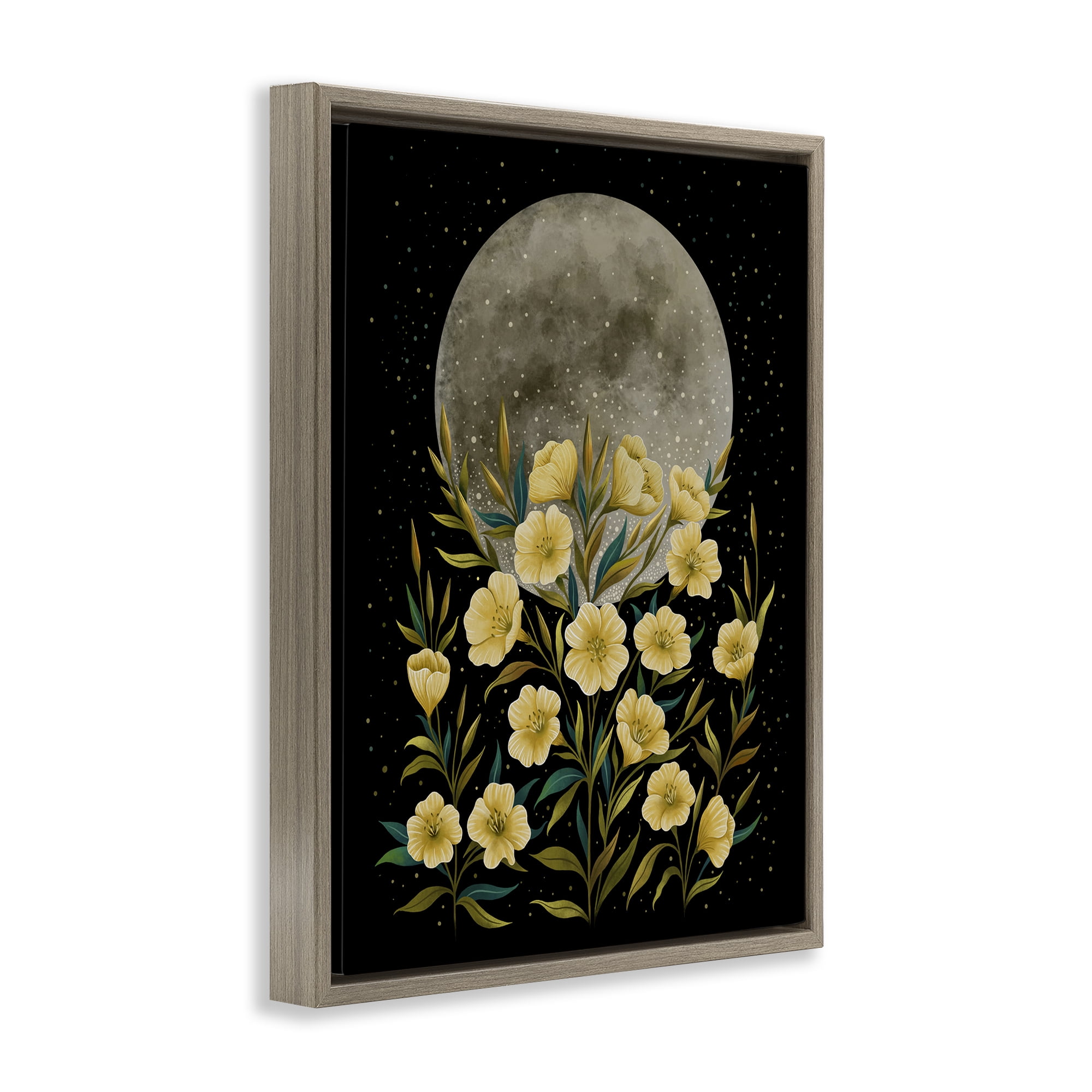 Stupell Industries Moon Greeting Yellow Flowers Brown Framed Floater Canvas Wall Art, design by Episodic Drawings