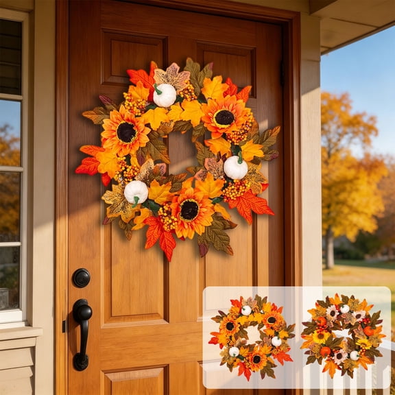 Halloween Sale Clearance!Fall Decorations for Home, Artificial Fall Wreath Sunflower Maple Leaf Pumpkin Wreath For Thanksgiving Decor