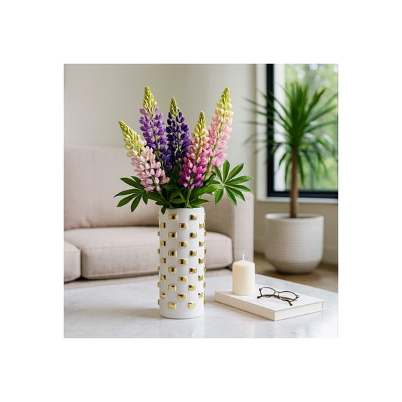 Elegant Ceramic Cylinder Vase with Accents for Living Room Decor and Home - Decorative Flower Vase for Room, Bedroom, or Office Display - Ideal for House and Table Styling - 15", White & Gold