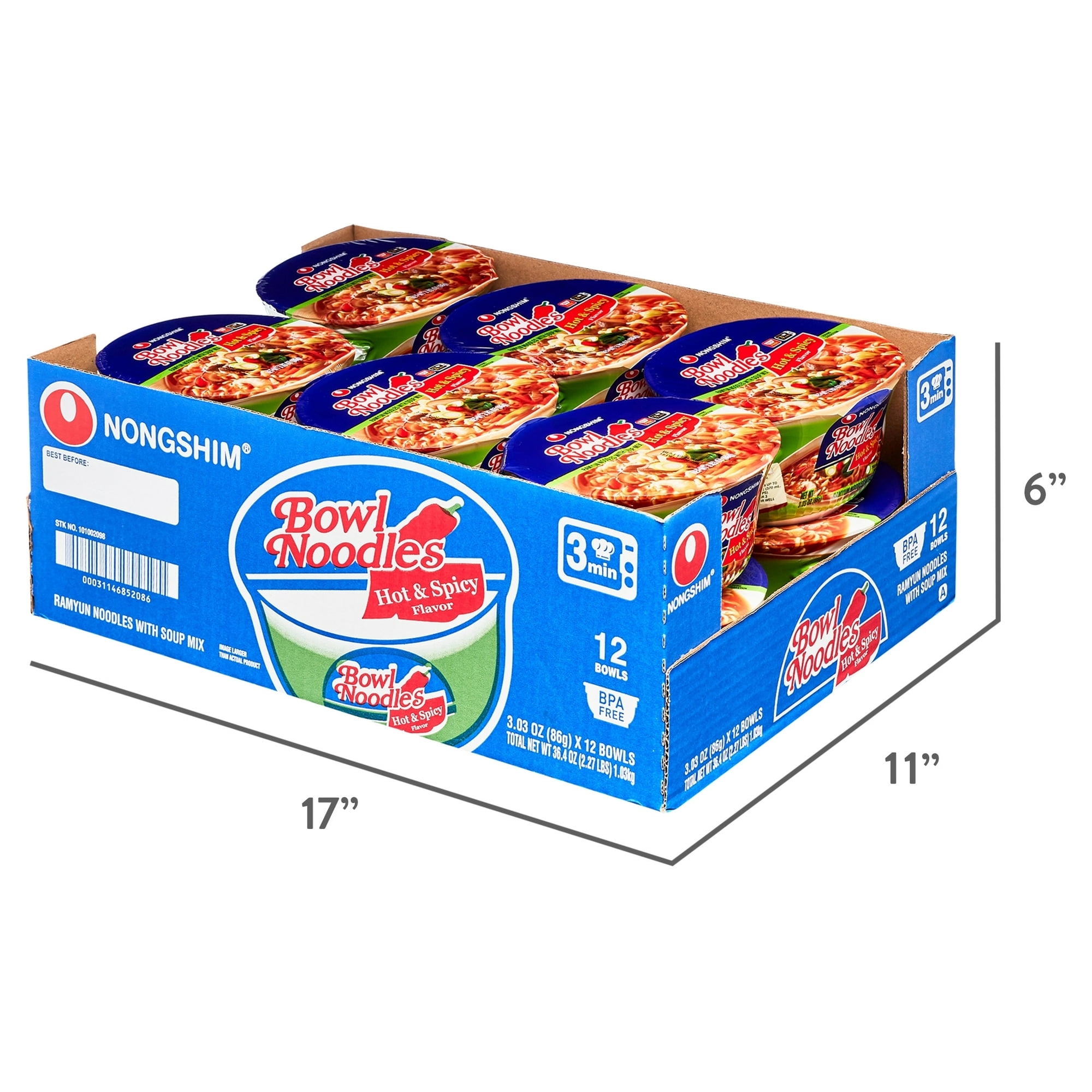 Nongshim Bowl Noodle Soup – Hot & Spicy Flavor – 12 Pack Family Value – 3.03 oz Bowls – Ready in 3 Minutes – Instant Ramen Meal Cup