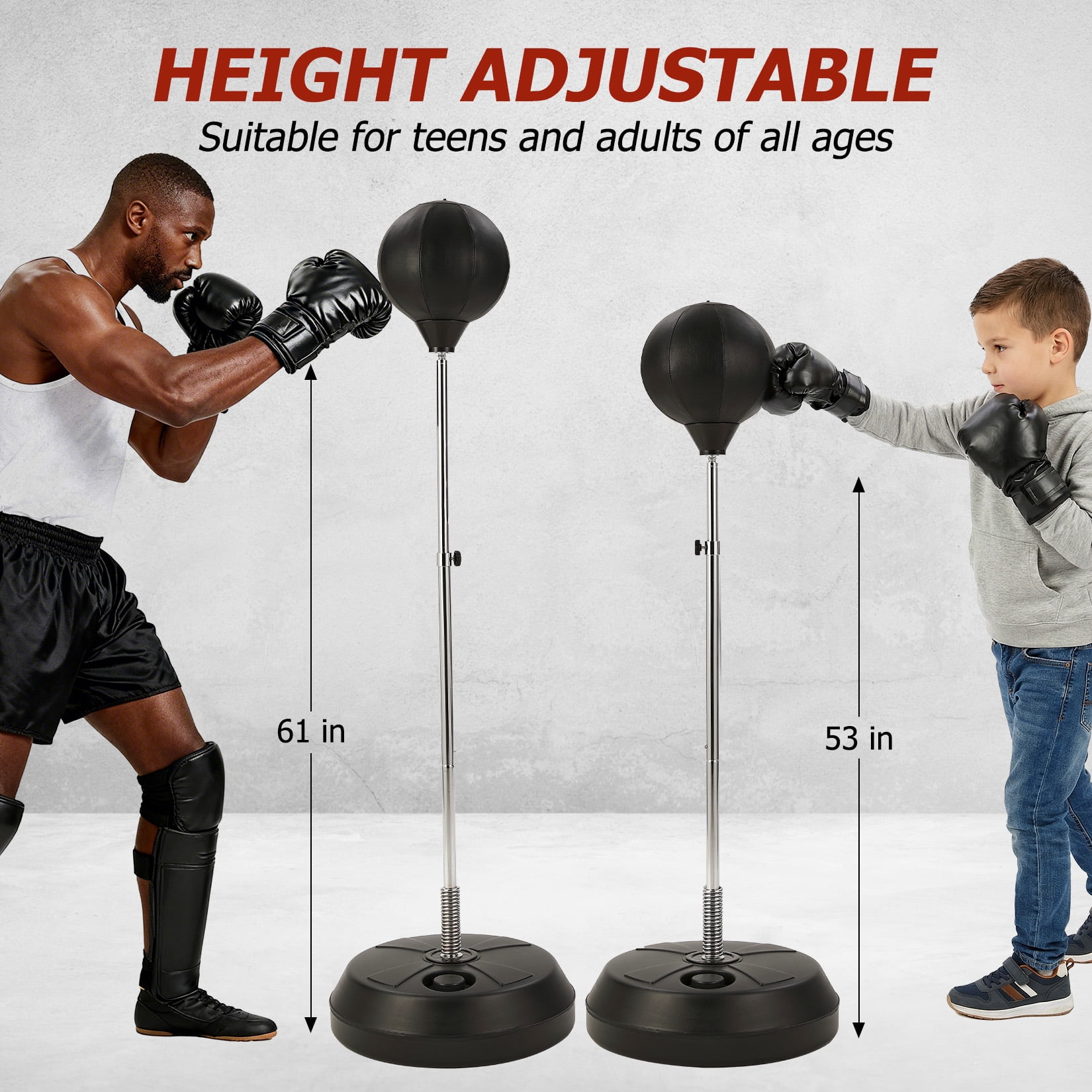 Freestanding Punching Bag Set with Gloves, Adjustable Height Reaction Boxing Ball with Spring Base, Standing Punch Bag for Adults & Teens, Home Gym Fitness Training Equipment 53-61 inch