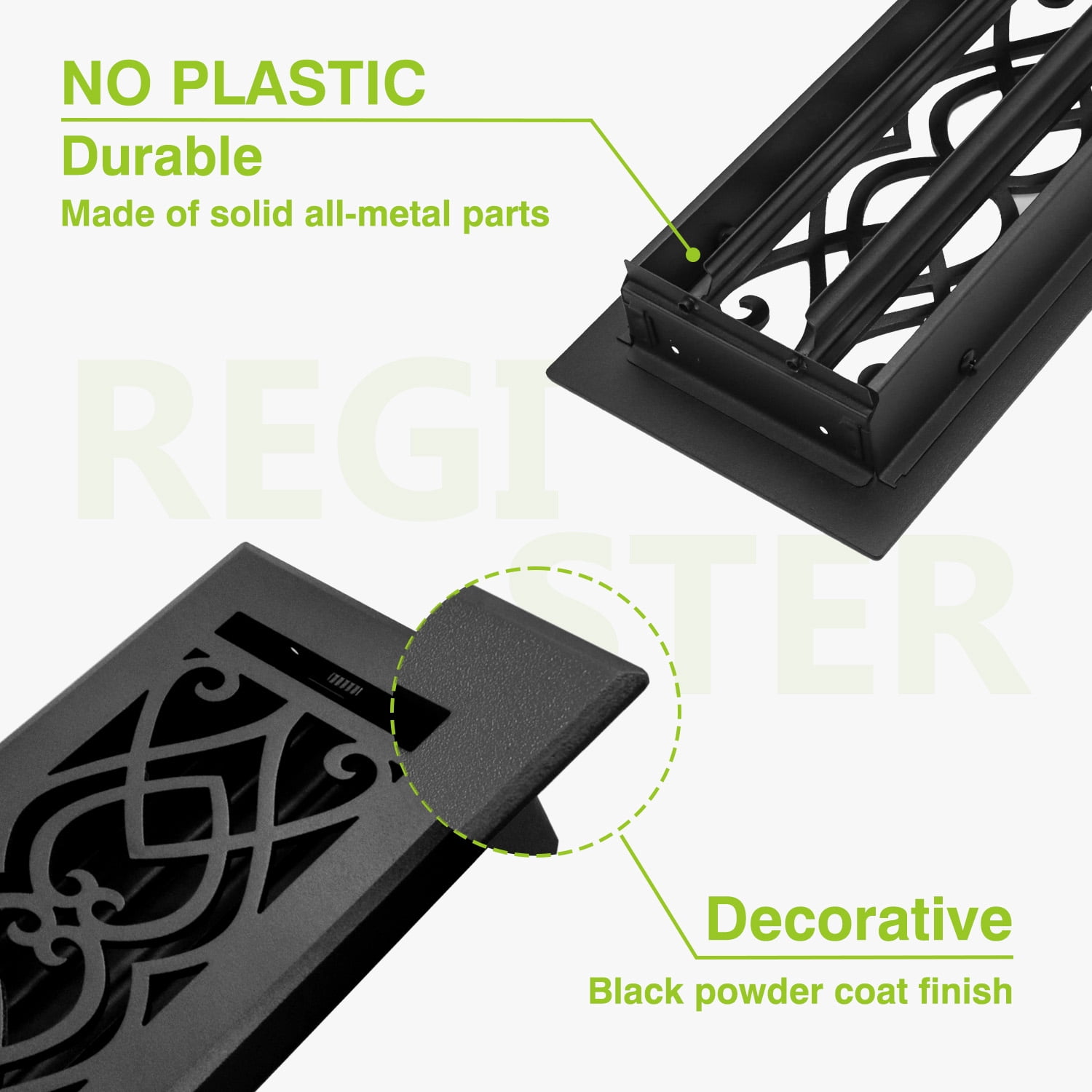 Naiture Stainless Steel Floor Register, Heavy Duty Rust-Resistant Floor Vent Cover, Metal Damper or Lever, Victorian Style Grille Floor Vent, Duct Size 6" X 10", Black Finish