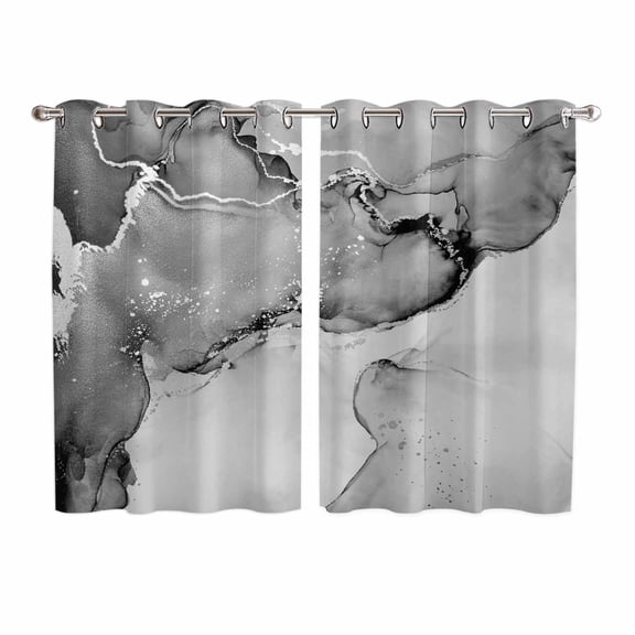 Marble Grey Kitchen Curtains 72 Inch Length, Modern Abstract Ink Painting Luxury Grommet Top Bedroom Living Room Curtains, Light Filtering Cafe Curtain Drapes 2 Panels Set 104''x72''