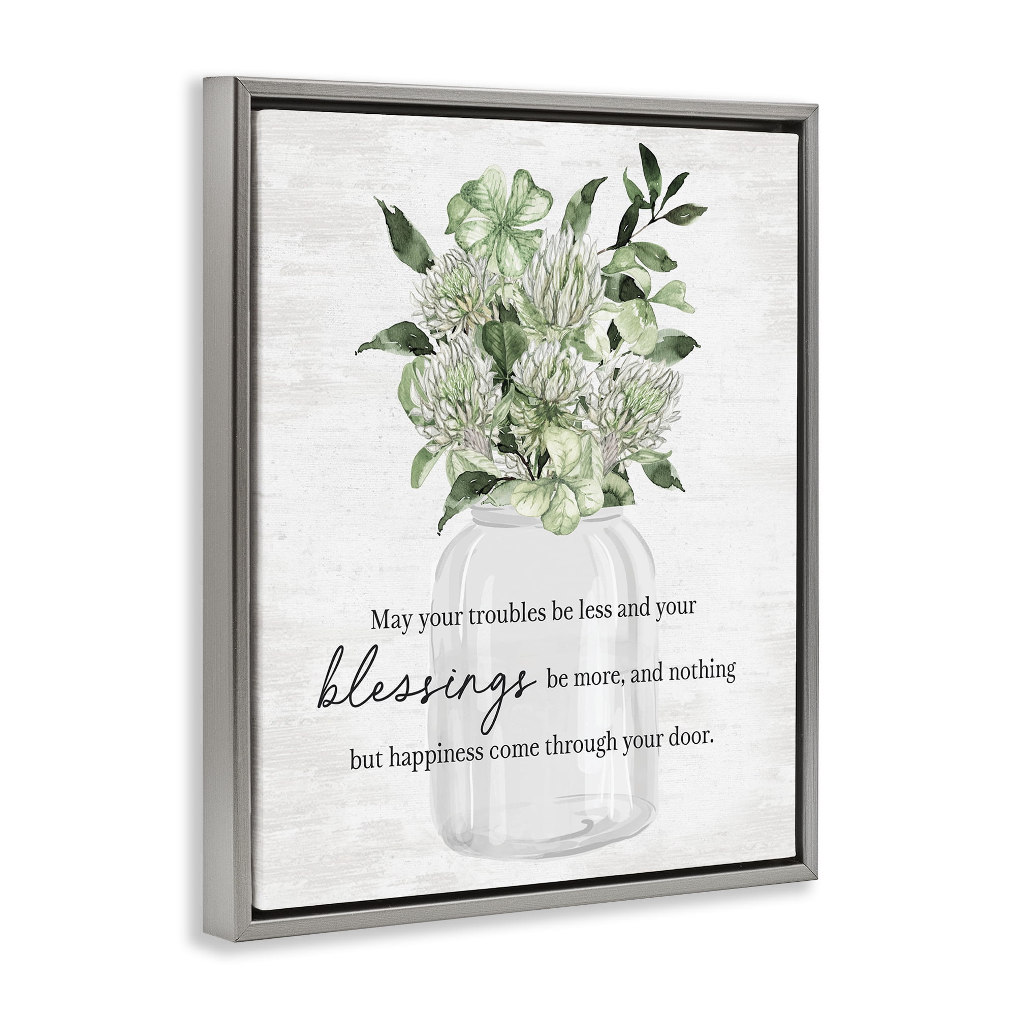 Stupell Industries Lucky Clover Blessing Botanical & Floral Painting Gray Floater Framed Canvas Art Print Wall Art, 25 x 31