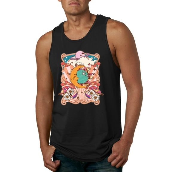 Wild Bobby Sun and Moon Groovy Vintage Daisy Flowers Stars Vintage Men Tank Top, Black, Small