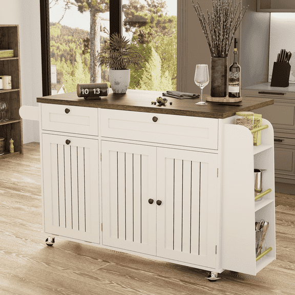 Mobile Folding Kitchen Island, Equipped with a power socket, USB interface, large capacity storage cabinet, drawers, 60 inch scroll wheel, kitchen island cart with hidden trash bin slot