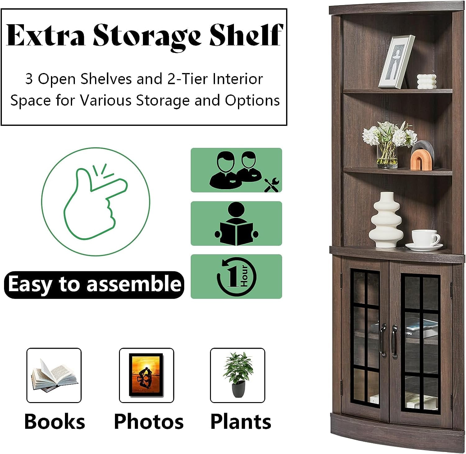 Merluxy Curved Corner Storage Cabinet, 65" Bookcase with Doors & Shelves, Living Room, Espresso