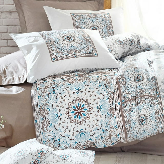 SUSSEXHOME Paisley Brown Cotton Duvet Cover Set - Beige Queen Size Duvet Cover, 1 Duvet Cover, 1 Fitted Sheet and 2 Pillowcases - Iron Safe, Hypoallergenic, Breathable , Machine Washable