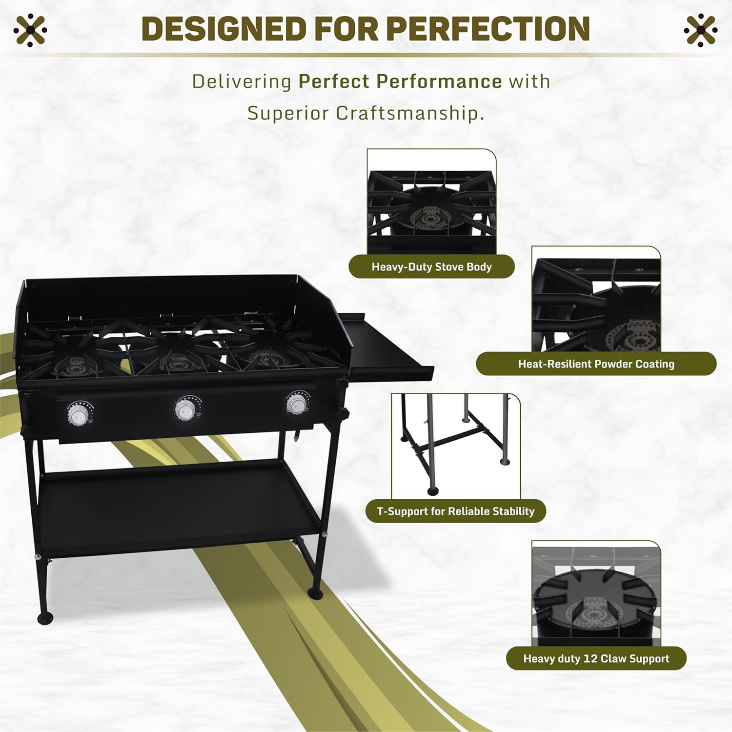 SONRET - Three Burner Propane Camping Stove - with Side & Bottom Shelf and Wind Panel