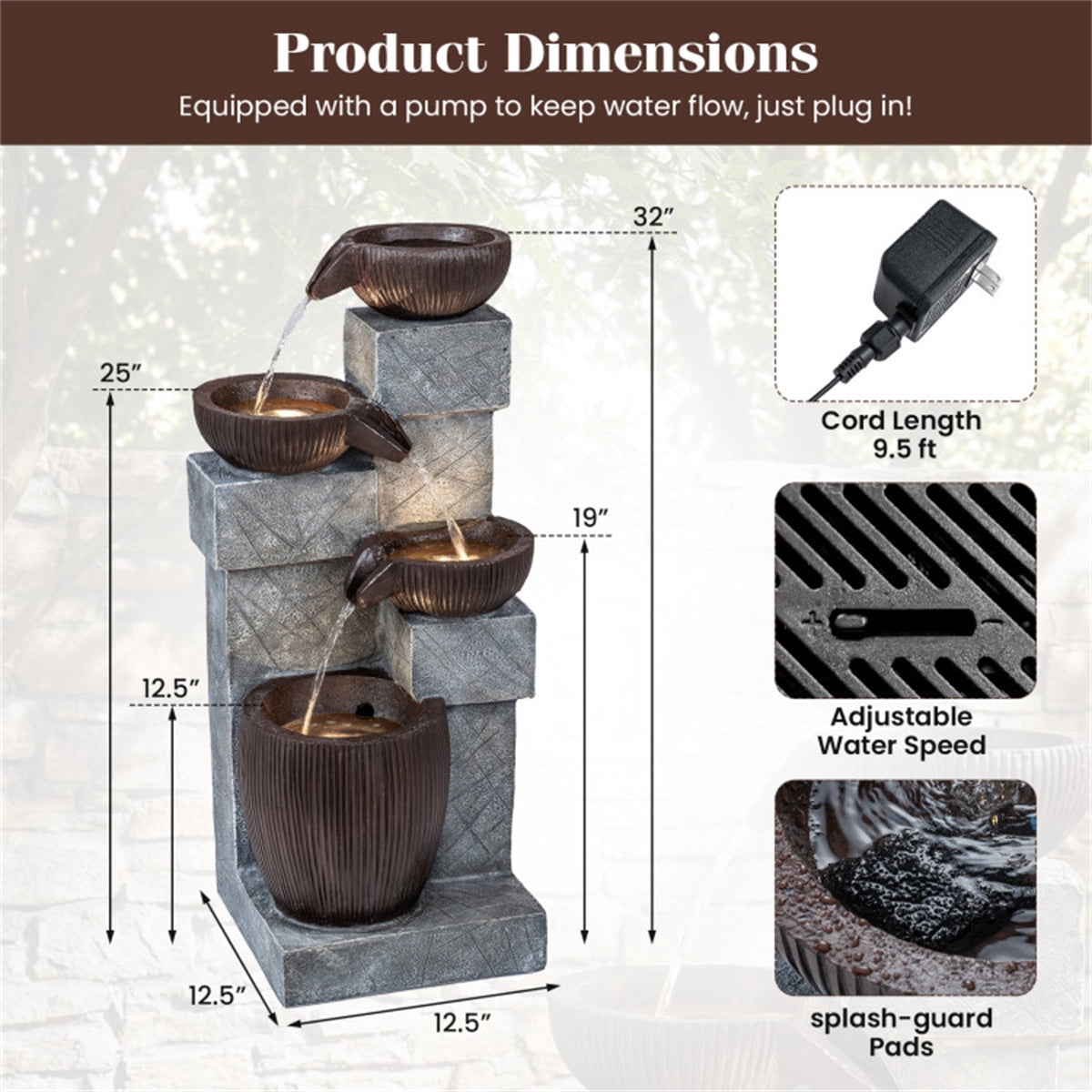 4 Tier Waterfall Fountain with LED Lights Resin Fiberglass Outdoor Fountain Adjustable Flow for Garden Patio
