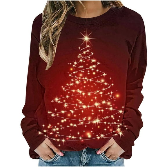 FDGIU Women's Christmas Graphic Tunic Tops - Soft Long Sleeve Crewneck Blouses with Xmas Tree Prints, Holiday Party Tees