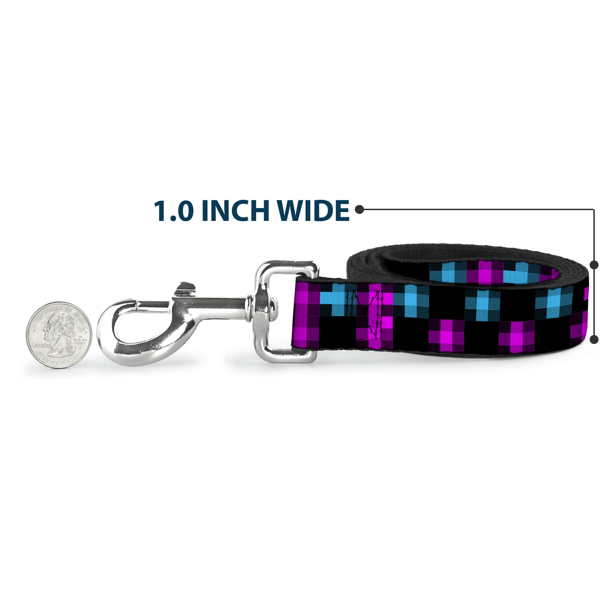 Buckle-Down Pet Leash, Dog Leash, Pixilated Checker Black Fuchsia Turquoise, 6 Feet Long 1.0 Inch Wide