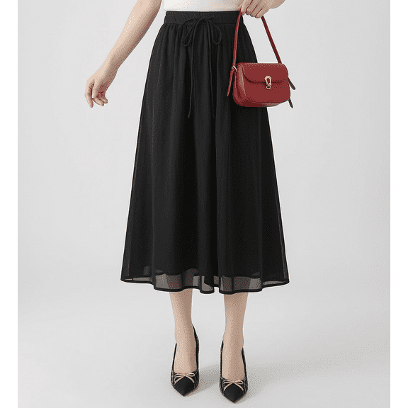 XUNKUSGA Skirts for Women Casual Cotton Linen Women's Skirts Classic Soild Color Drawstring High Waist Summer Skirts for Working, Vacation, Party,Black,M