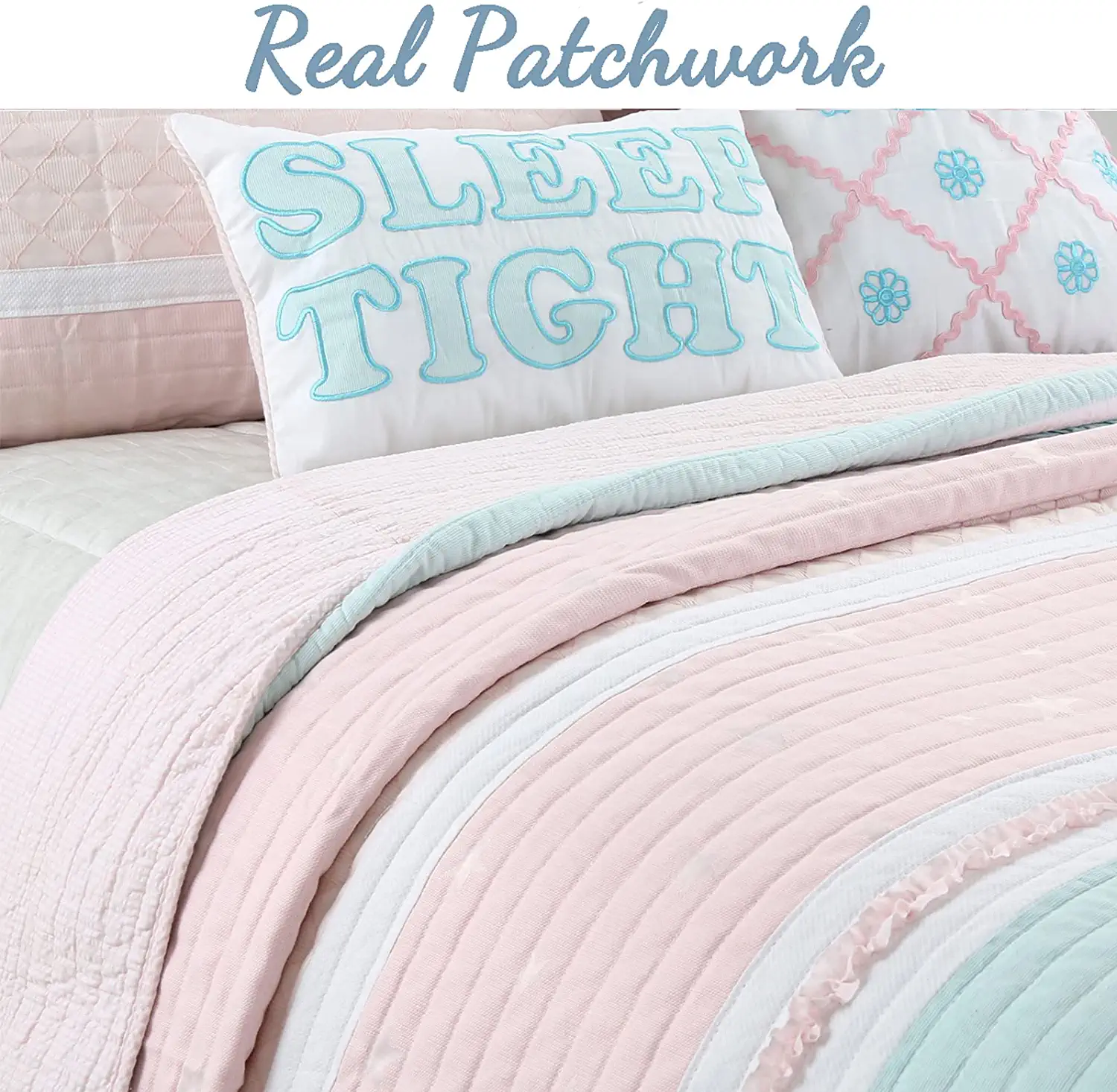 Cozy Line Light Pink Blue Ruffles Girl 100% Cotton 2 Piece Reversible Quilt Bedding Set, Candy, Twin