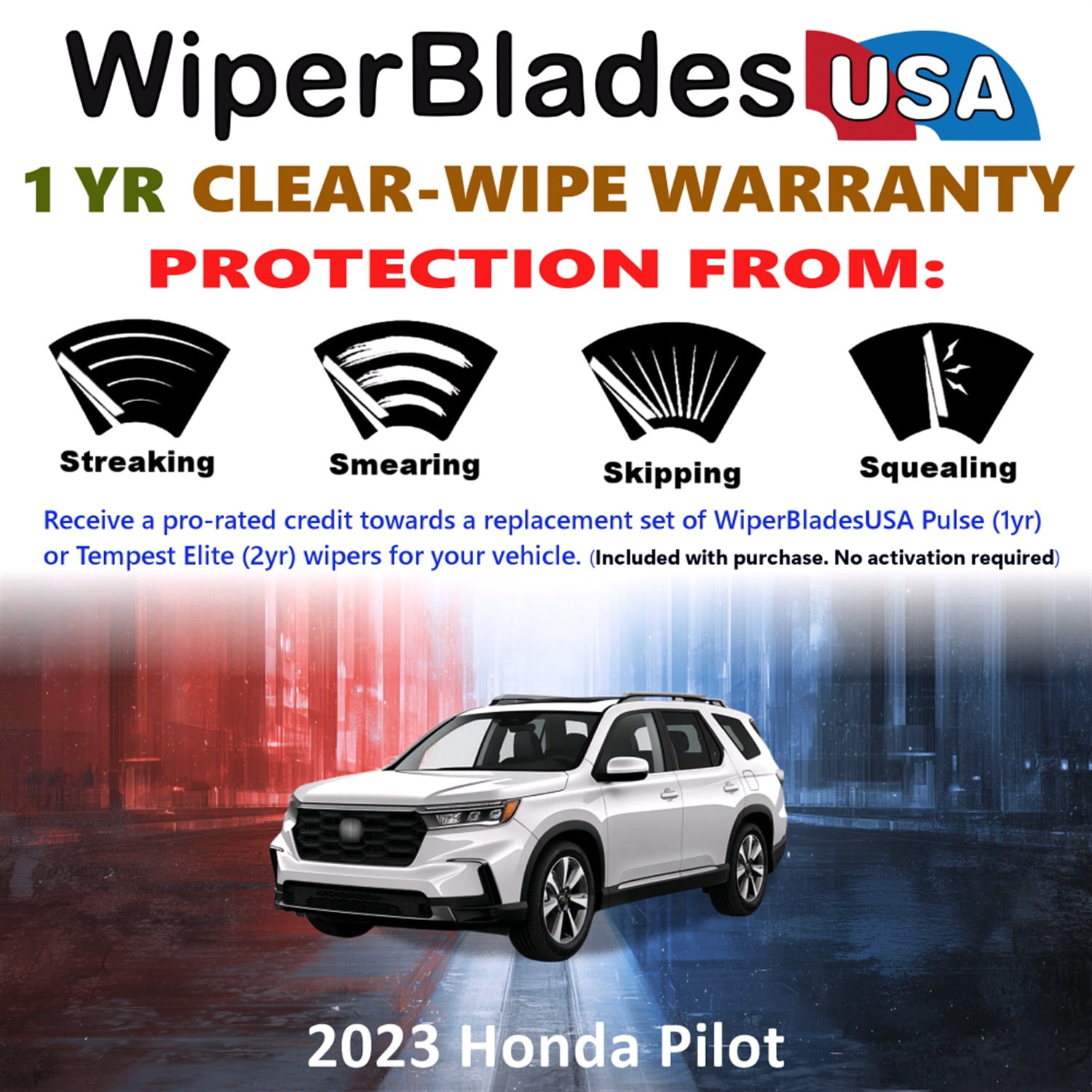 2023 Honda Pilot Beam Wiper Blades Wipers w/1yr Warranty (Set of 3) w/Rear Wiper (WiperBladesUSA)