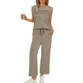 thumbnail image 3 of 2 Piece Sets for Women Summer Lounge Sets Travel Vacation Outfits Cap Sleeve Sweatsuit Wide Leg Pants Khaki 2XL, 3 of 6