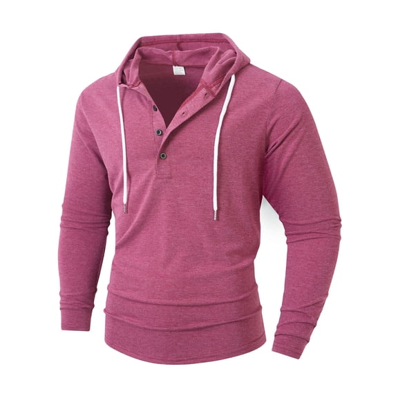 HOOMEUMY Sweatshirts for Men Spring Long Sleeve Hooded Lightweight Solid Color Comfy Button Drawstring Hooded Sports Shirts Pullover (Hot Pink,S)
